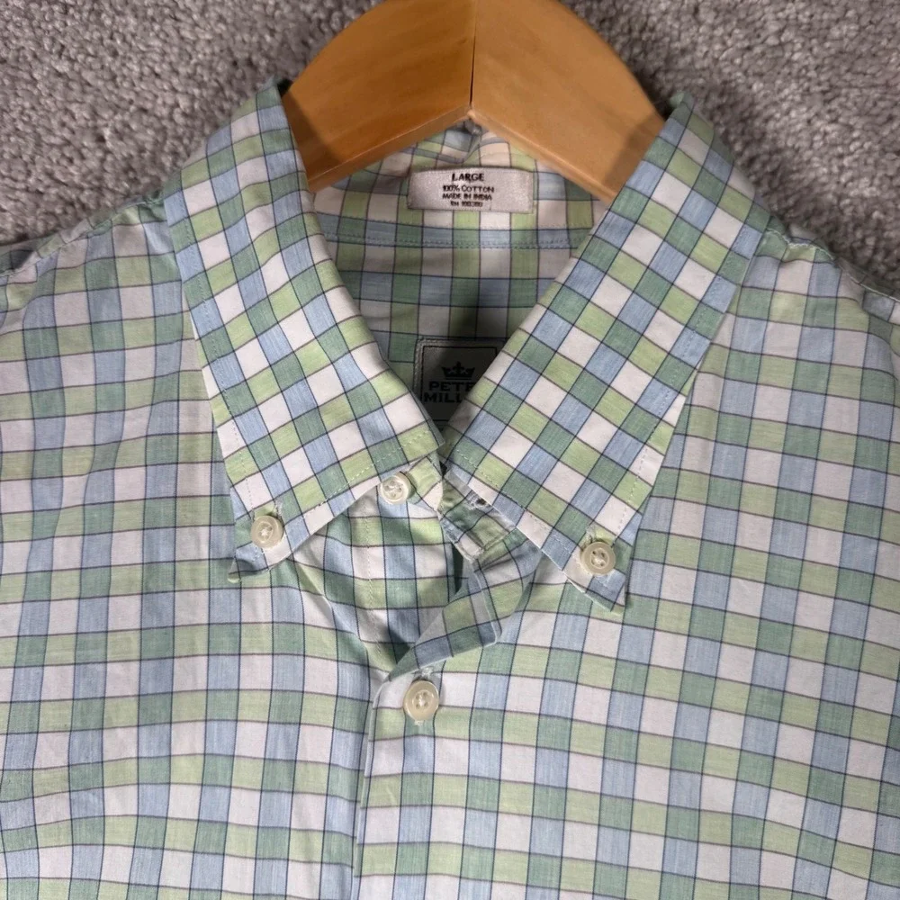 Peter Millar Men's Large Green Blue Gingham Plaid Button Down Shirt Long Sleeve